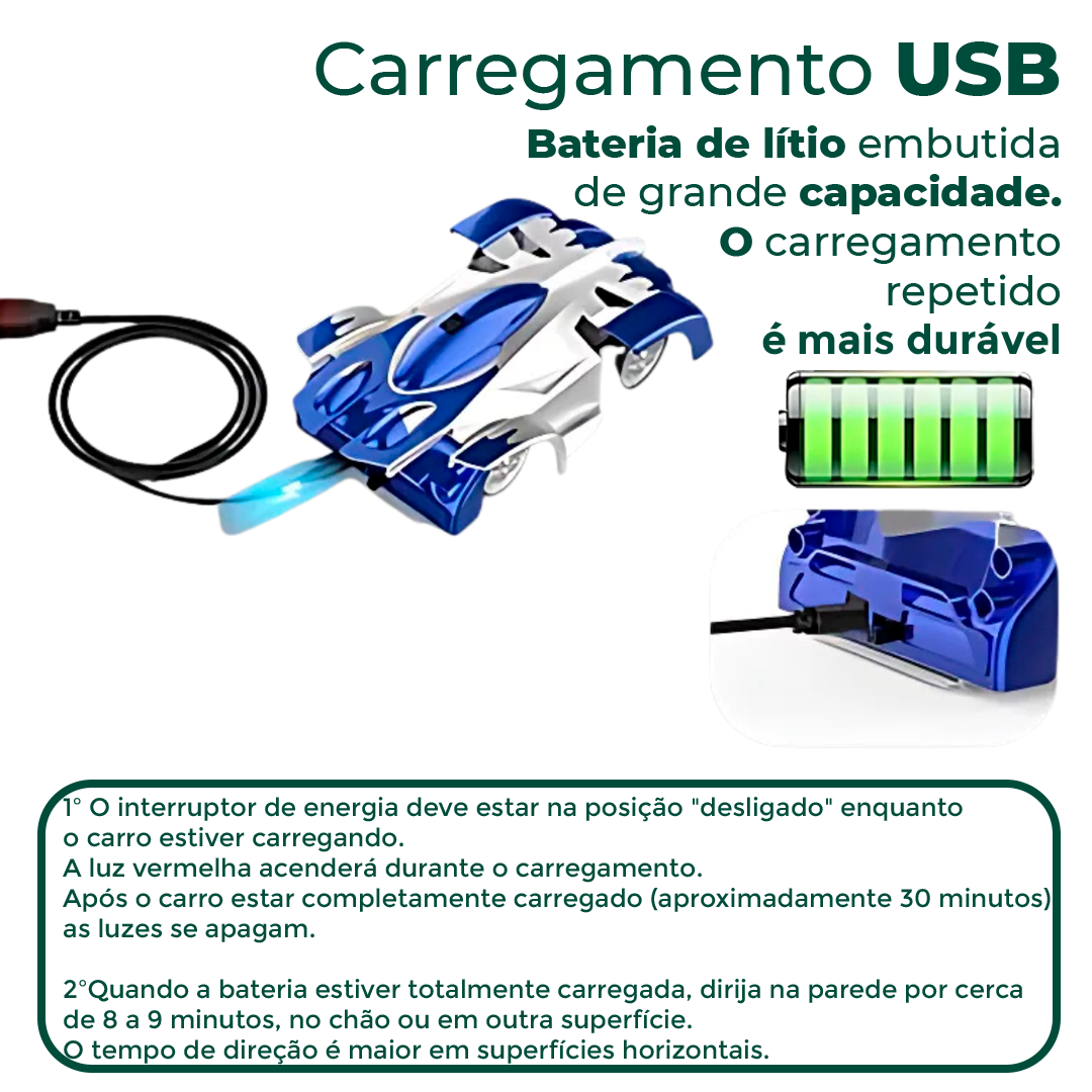 Vista lateral do carrinho anti-gravidade com design aerodinâmico.